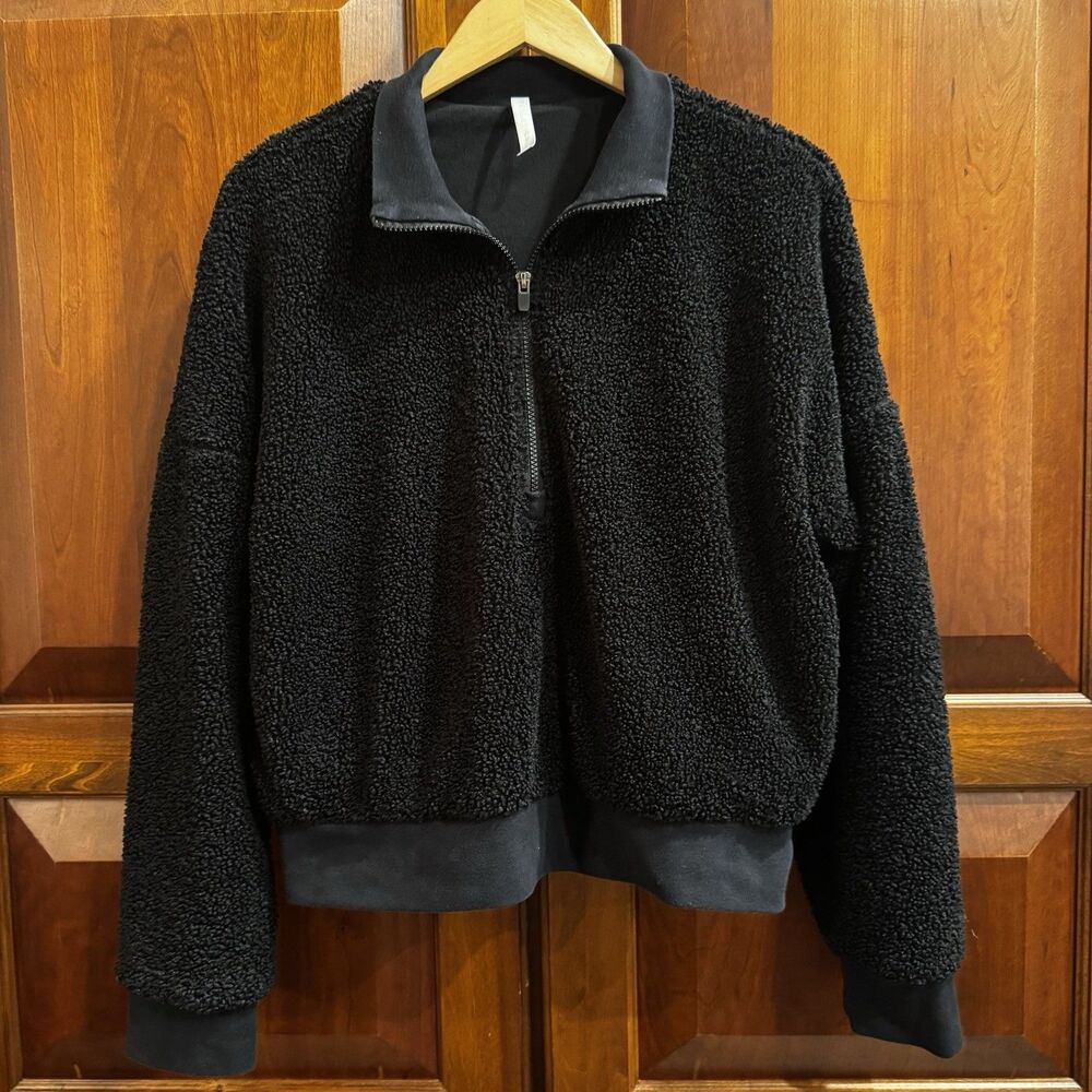 Fabletics Dream Polar Fleece Pullover Womens Black Sherpa 1/2 Zip Cropped Large
